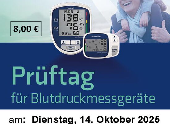 Das Bild ist eine Anzeige für einen "Prüftag" für Blutdruckmessgeräte am 14. Oktober 2025 in der Nicolai-Apotheke am Ochsenkopf. Es zeigt ein glückliches Großvater-Enkelkind-Paar vor dem Hintergrund von zwei Blutdruckmessgeräten.